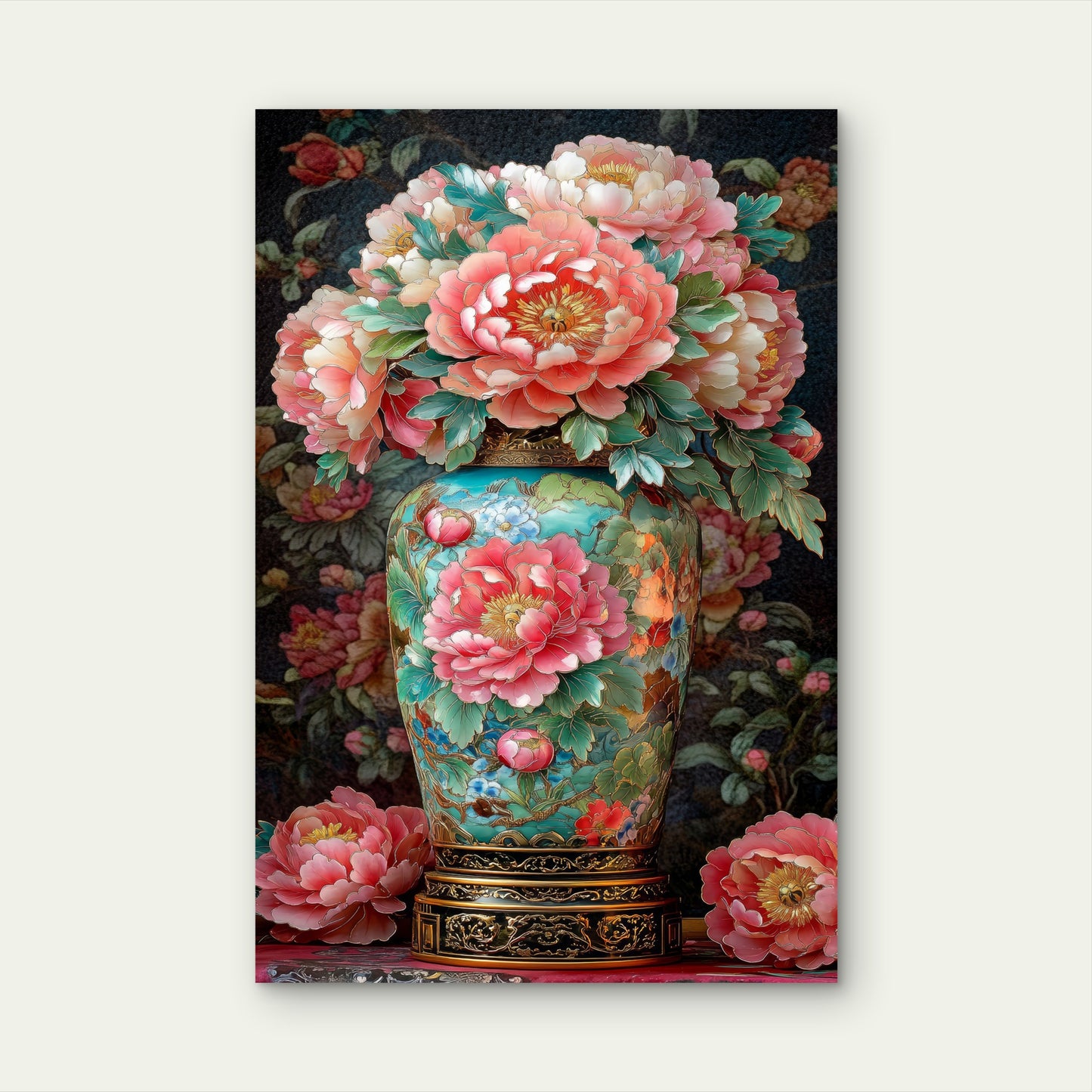 Chinese Pink Peony Flower Bouquet Jade Vase 40x60cm Metal Print Ready to Hang