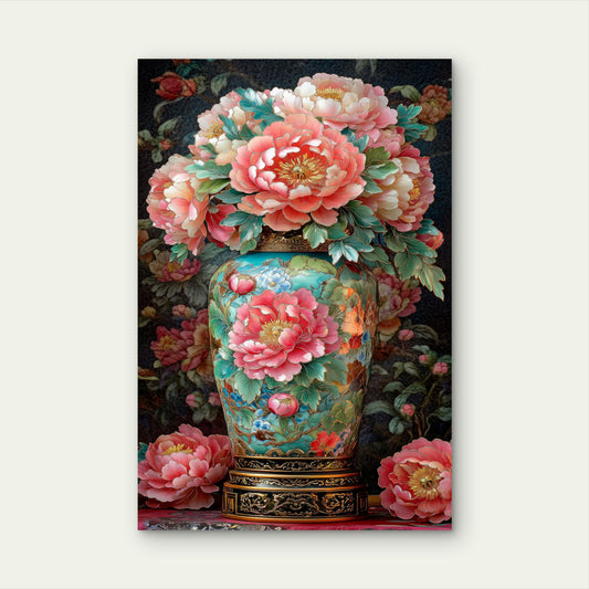 Chinese Pink Peony Flower Bouquet Jade Vase 40x60cm Metal Print Ready to Hang
