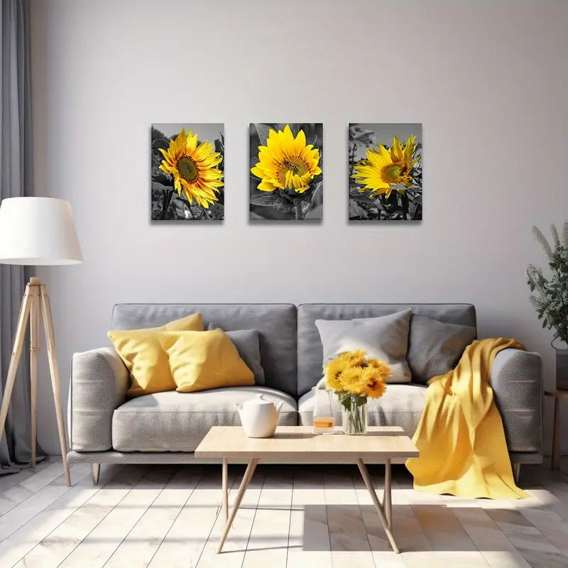 3pcs Sunflower Bee Painting Metal Print Ready to Hang Art