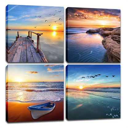 4pcs Sunset Seaside Landscape Painting Wall Art Canvas Framed