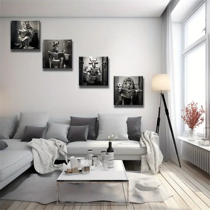 4pcs Funny Bathroom Animals Painting Wall Art Canvas Framed