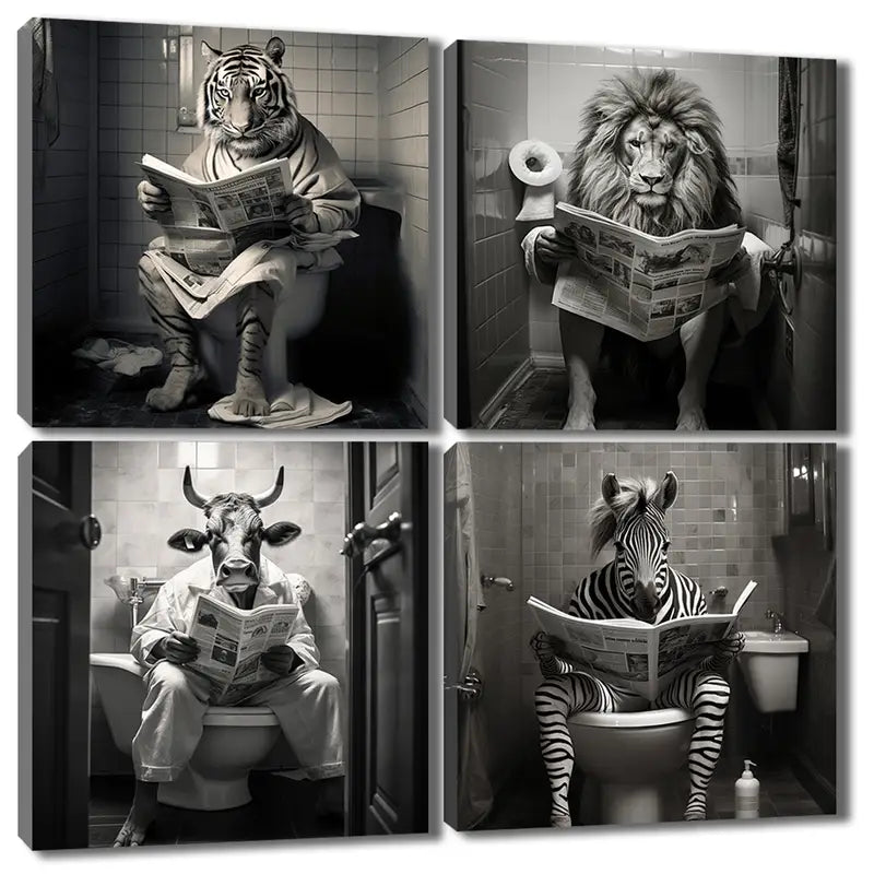 4pcs Funny Bathroom Animals Painting Wall Art Canvas Framed