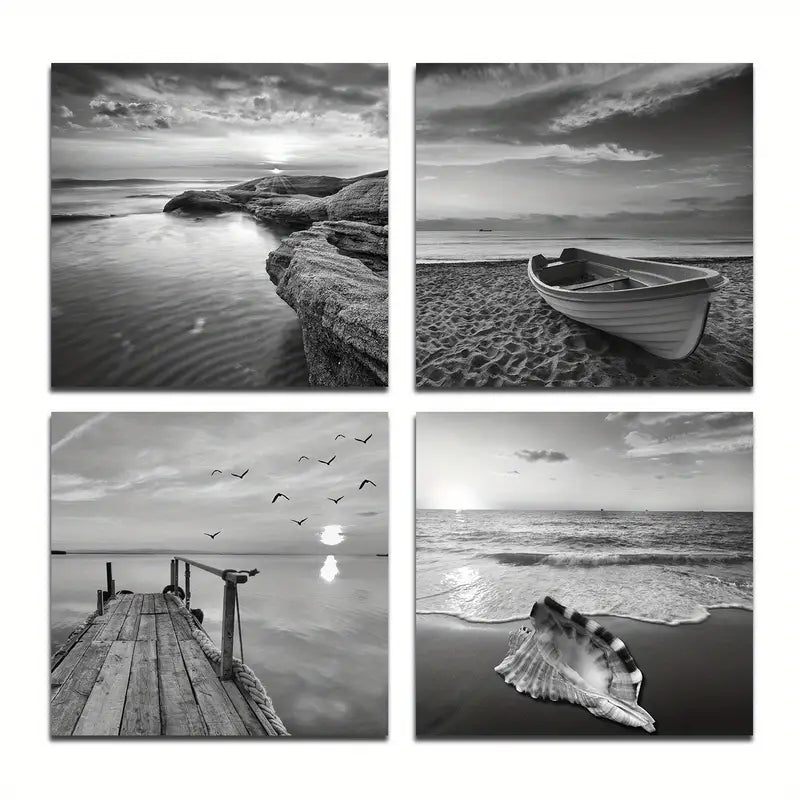 4pcs  Gray Seascape Prints Wall Art Canvas Framed