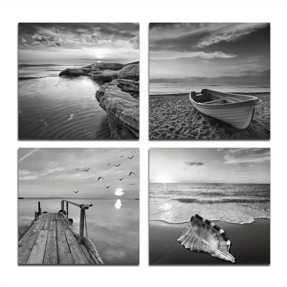 4pcs  Gray Seascape Prints Wall Art Canvas Framed