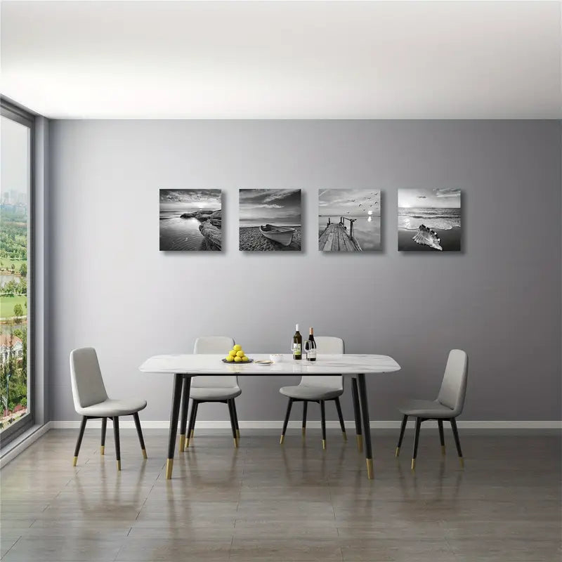 4pcs  Gray Seascape Prints Wall Art Canvas Framed