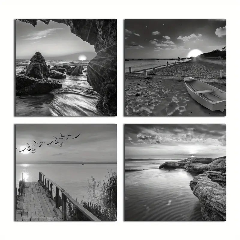 4pcs  Black & White Boat &Wave Wall Art Canvas Framed