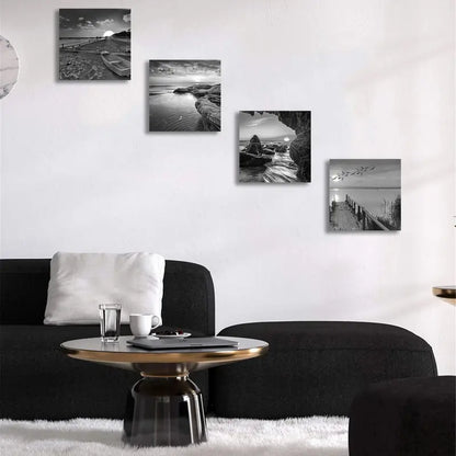 4pcs  Black & White Boat &Wave Wall Art Canvas Framed