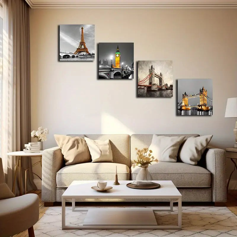 4pcs Vibrant Landmarks Tower Bridge Painting Wall Art Canvas Framed