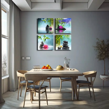 4pcs Bamboo Stones & Blossom Wall Art Canvas Framed