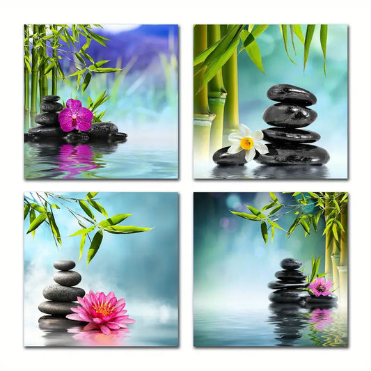 4pcs Bamboo Stones & Blossom Wall Art Canvas Framed