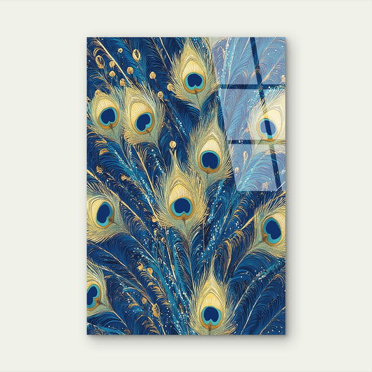 Royal Blue Gold Peacock Feather Acrylic Glass Printing Wall Art Australian Made Quality