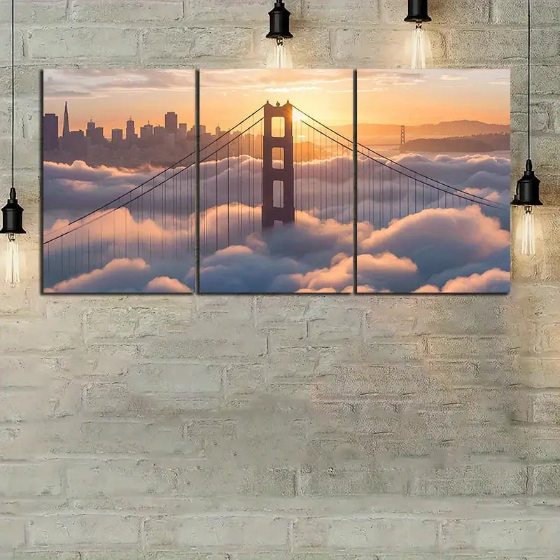 3pcs Golden Gate Bridge At Sunset, Metal Print Ready to Hang Art - Bella Home Decor