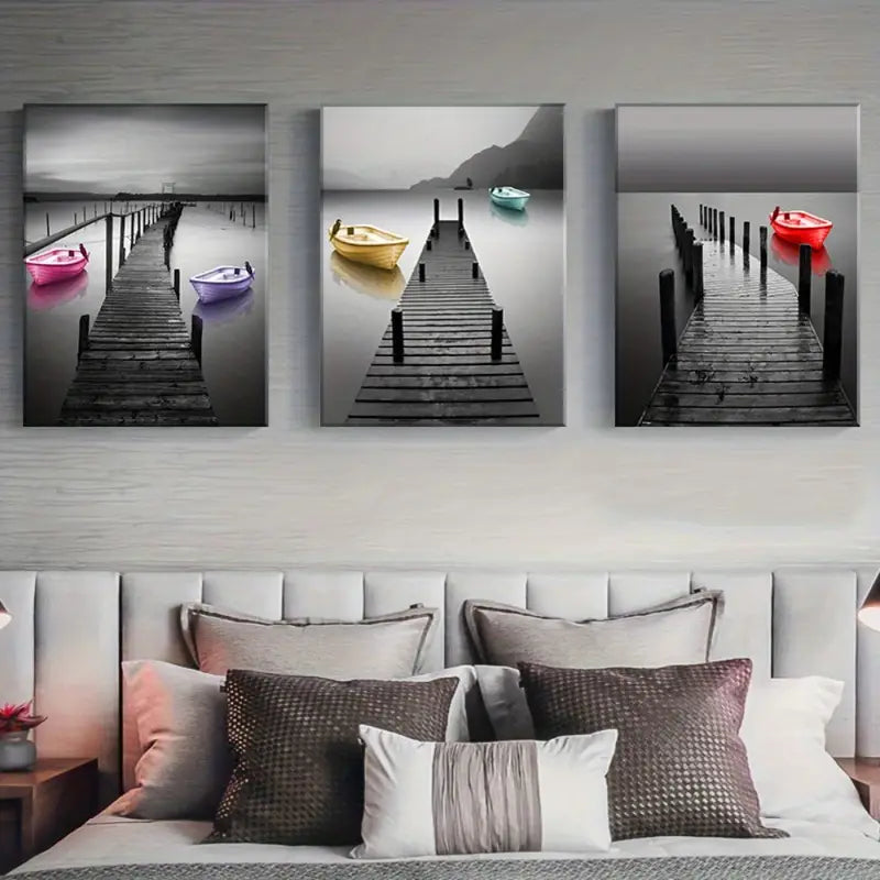 3pcs Black & White Lake Bridge Metal Print Ready to Hang Art - Bella Home Decor