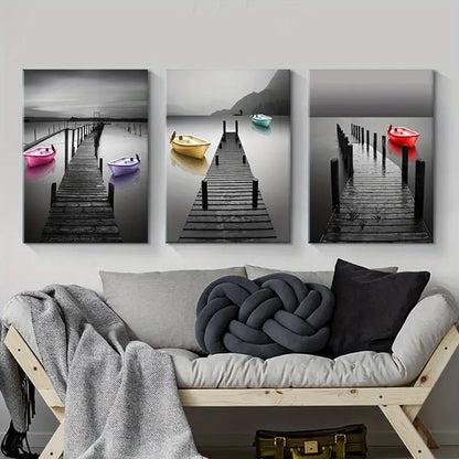 3pcs Black & White Lake Bridge Metal Print Ready to Hang Art - Bella Home Decor