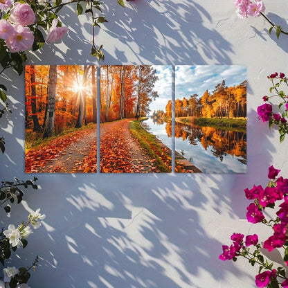 3pcs Vibrant Fall Trees and Reflection Scenery Wall Art Set Canvas Framed 50x70cm - High Quality Print 100% Australian Made Wall Canvas Ready to Hang