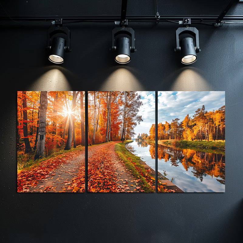 3pcs Vibrant Fall Trees and Reflection Scenery Wall Art Set Canvas Framed 50x70cm - High Quality Print 100% Australian Made Wall Canvas Ready to Hang