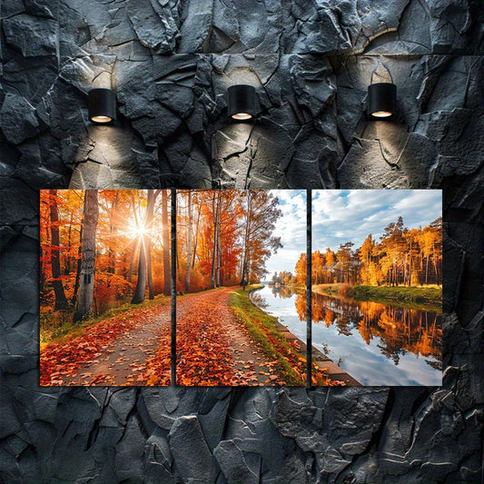 3pcs Vibrant Fall Trees and Reflection Scenery Wall Art Set Canvas Framed 60x90cm - High Quality Print 100% Australian Made Wall Canvas Ready to Hang