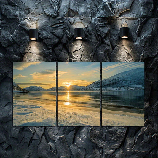 3pcs Sunset Over Snowy Fjords Norway Wall Art Set Canvas Framed 40x60cm - High Quality Print 100% Australian Made Wall Canvas Ready to Hang
