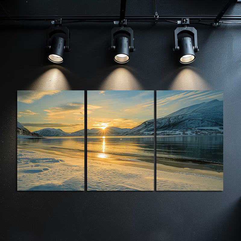 3pcs Sunset Over Snowy Fjords Norway Wall Art Set Canvas Framed 50x70cm - High Quality Print 100% Australian Made Wall Canvas Ready to Hang