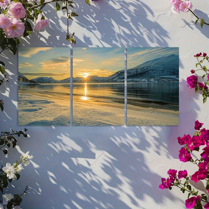 3pcs Sunset Over Snowy Fjords Norway Wall Art Set Canvas Framed 60x90cm - High Quality Print 100% Australian Made Wall Canvas Ready to Hang