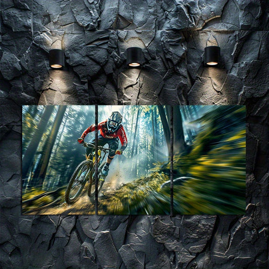 3pcs Biker Jumps on His Enduro Bike in Forest Wall Art Set Canvas Framed 50x70cm - High Quality Print 100% Australian Made Wall Canvas Ready to Hang