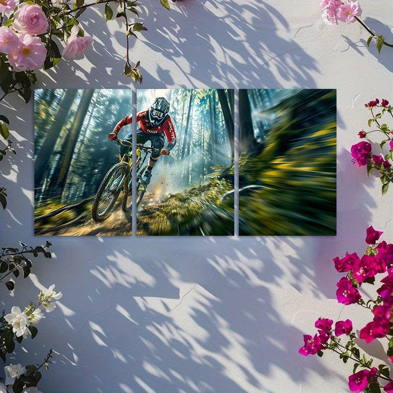 3pcs Biker Jumps on His Enduro Bike in Forest Wall Art Set Canvas Framed 50x70cm - High Quality Print 100% Australian Made Wall Canvas Ready to Hang - Bella Home Decor