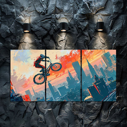 3pcs BMX Rider Cityscape Vibrant Cartoon-Style Wall Art Set Canvas Framed 40x60cm - High Quality Print 100% Australian Made Wall Canvas Ready to Hang - Bella Home Decor