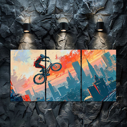 3pcs BMX Rider Cityscape Vibrant Cartoon-Style Wall Art Set Canvas Framed 50x70cm - High Quality Print 100% Australian Made Wall Canvas Ready to Hang