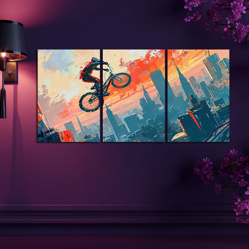3pcs BMX Rider Cityscape Vibrant Cartoon-Style Wall Art Set Canvas Framed 40x60cm - High Quality Print 100% Australian Made Wall Canvas Ready to Hang - Bella Home Decor