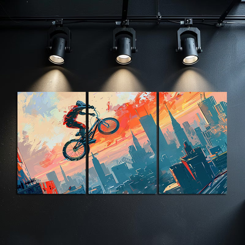 3pcs BMX Rider Cityscape Vibrant Cartoon-Style Wall Art Set Canvas Framed 60x90cm - High Quality Print 100% Australian Made Wall Canvas Ready to Hang - Bella Home Decor