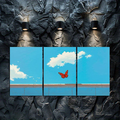 3pcs Butterfly Over Blue Sky and Clouds Wall Art Set Canvas Framed 50x70cm - High Quality Print 100% Australian Made Wall Canvas Ready to Hang