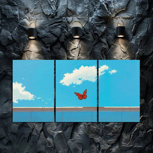 3pcs Butterfly Over Blue Sky and Clouds Wall Art Set Canvas Framed 50x70cm - High Quality Print 100% Australian Made Wall Canvas Ready to Hang