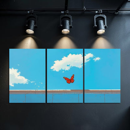 3pcs Butterfly Over Blue Sky and Clouds Wall Art Set Canvas Framed 40x60cm - High Quality Print 100% Australian Made Wall Canvas Ready to Hang - Bella Home Decor