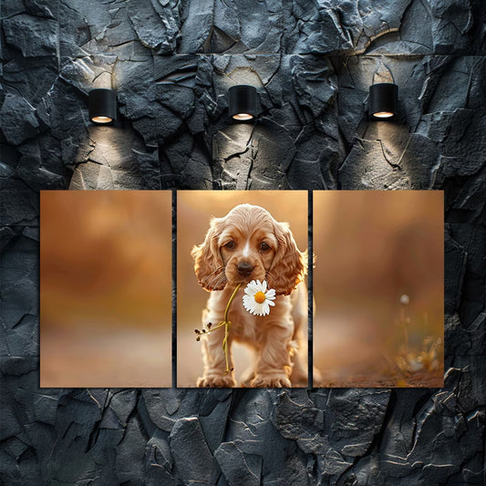 3pcs Roosterer Spaniel Puppy with Floral Wall Art Set Canvas Framed 50x70cm - High Quality Print 100% Australian Made Wall Canvas Ready to Hang