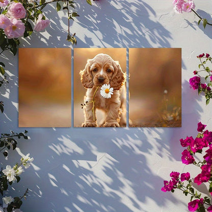 3pcs Roosterer Spaniel Puppy with Floral Wall Art Set Canvas Framed 50x70cm - High Quality Print 100% Australian Made Wall Canvas Ready to Hang