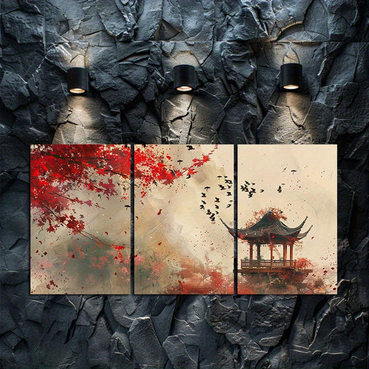 3pcs Chinese Landscape Painting Illustration Wall Art Set Canvas Framed 60x90cm - High Quality Print 100% Australian Made Wall Canvas Ready to Hang