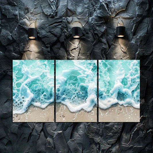 3pcs Turquoise Waves Beach Scene Wall Art Set Canvas Framed 50x70cm - High Quality Print 100% Australian Made Wall Canvas Ready to Hang