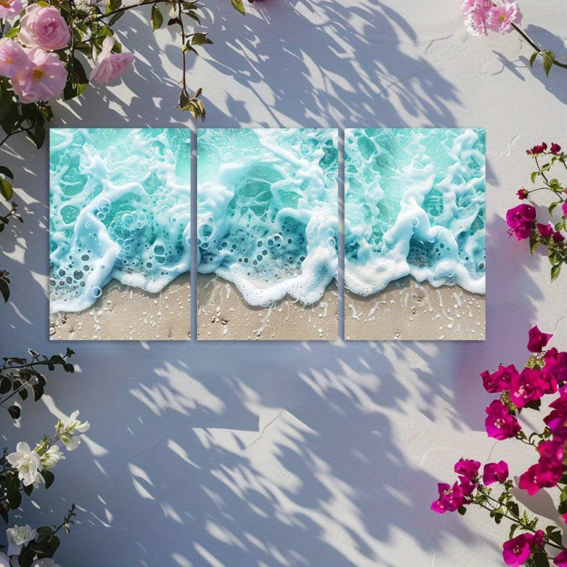 3pcs Turquoise Waves Beach Scene Wall Art Set Canvas Framed 50x70cm - High Quality Print 100% Australian Made Wall Canvas Ready to Hang