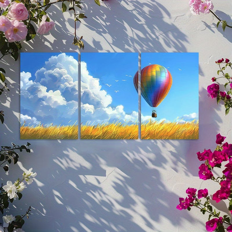 3pcs Hot Air Balloon Floating in The Sky Wall Art Set Canvas Framed 60x90cm - High Quality Print 100% Australian Made Wall Canvas Ready to Hang