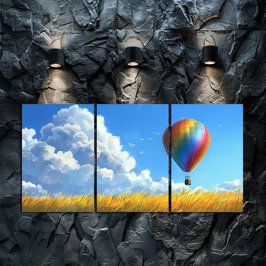 3pcs Hot Air Balloon Floating in The Sky Wall Art Set Canvas Framed 40x60cm - High Quality Print 100% Australian Made Wall Canvas Ready to Hang