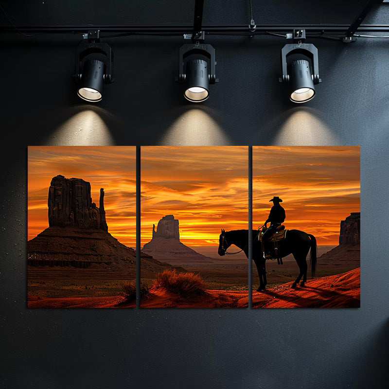 3pcs Cowboy on Horseback in The Foreground Wall Art Set Canvas Framed 40x60cm - High Quality Print 100% Australian Made Wall Canvas Ready to Hang - Bella Home Decor