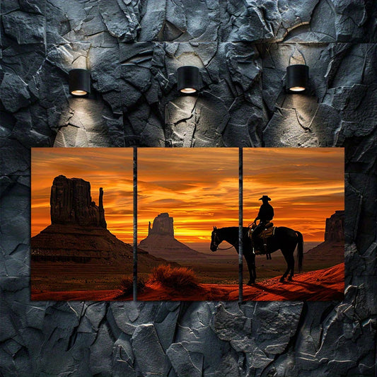 3pcs Cowboy on Horseback in The Foreground Wall Art Set Canvas Framed 50x70cm - High Quality Print 100% Australian Made Wall Canvas Ready to Hang