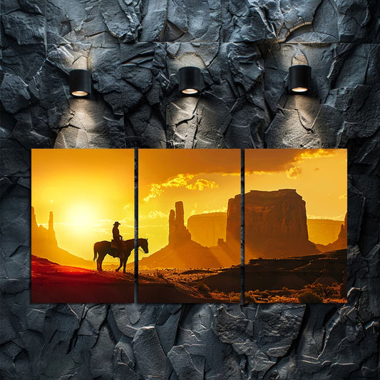 3pcs Cowboy and Horse Silhouette Wall Art Set Canvas Framed 60x90cm - High Quality Print 100% Australian Made Wall Canvas Ready to Hang