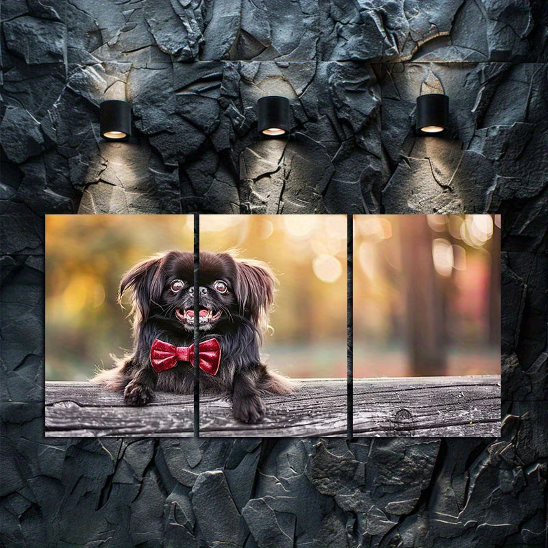 3pcs Cute Pekingese Dog Wearing A Red Velvet Bow Wall Art Set Canvas Framed 50x70cm - High Quality Print 100% Australian Made Wall Canvas Ready to Hang