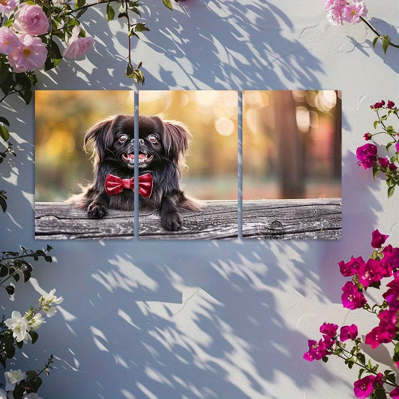 3pcs Cute Pekingese Dog Wearing A Red Velvet Bow Wall Art Set Canvas Framed 50x70cm - High Quality Print 100% Australian Made Wall Canvas Ready to Hang