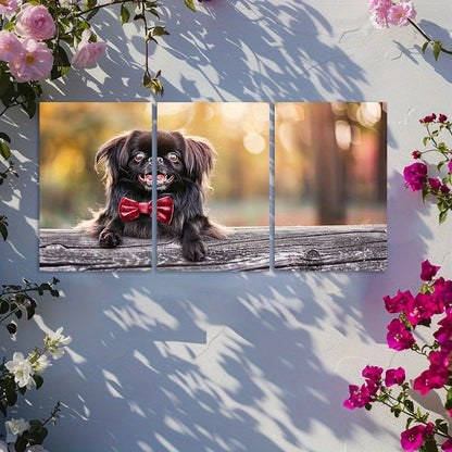 3pcs Cute Pekingese Dog Wearing A Red Velvet Bow Wall Art Set Canvas Framed 50x70cm - High Quality Print 100% Australian Made Wall Canvas Ready to Hang