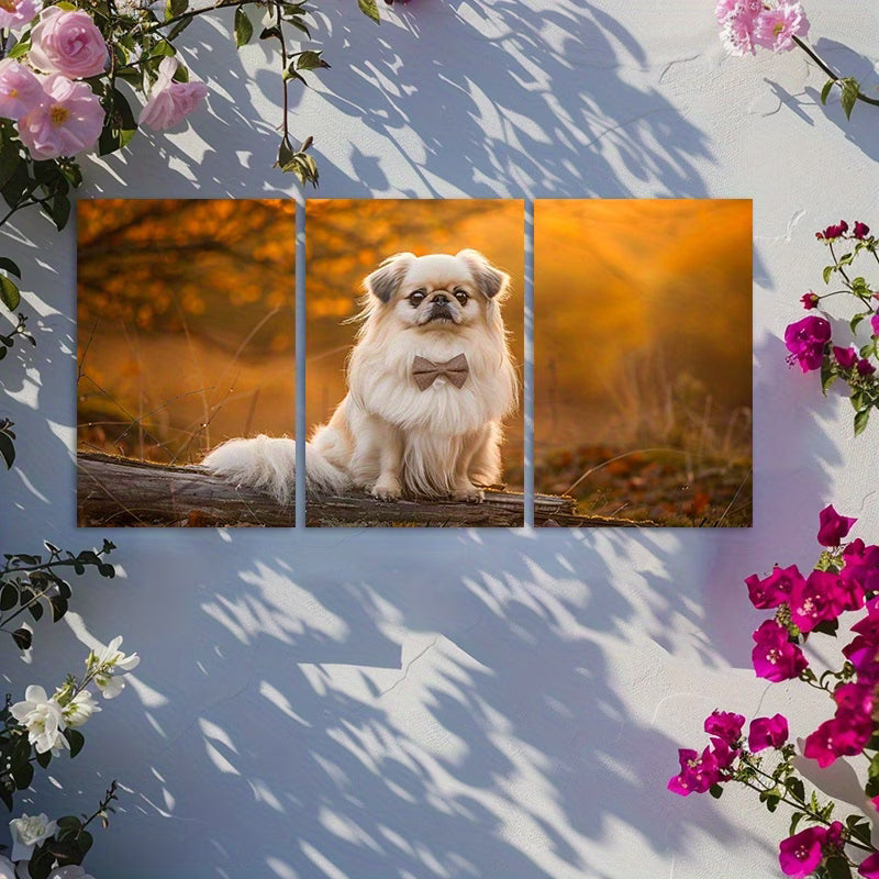3pcs Pekingese Dog on Log Forest Scene Wall Art Set Canvas Framed 40x60cm - High Quality Print 100% Australian Made Wall Canvas Ready to Hang