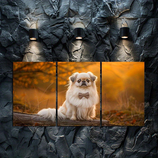 3pcs Pekingese Dog on Log Forest Scene Wall Art Set Canvas Framed 50x70cm - High Quality Print 100% Australian Made Wall Canvas Ready to Hang