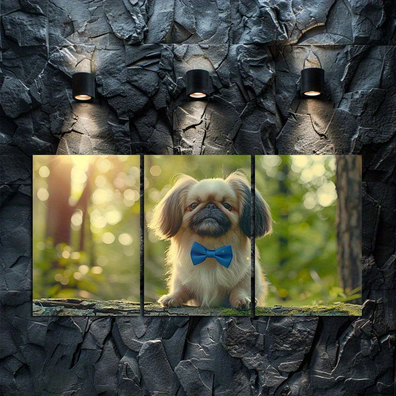 3pcs Pekingese Dog Cute Bow Tie  Forest Scene Wall Art Set Canvas Framed 40x60cm - High Quality Print 100% Australian Made Wall Canvas Ready to Hang