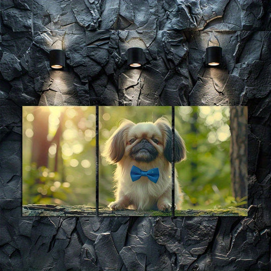 3pcs Pekingese Dog Cute Bow Tie Forest Scene Wall Art Set Canvas Framed 60x90cm - High Quality Print 100% Australian Made Wall Canvas Ready to Hang